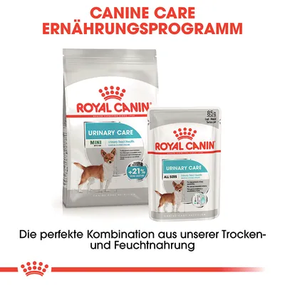 Royal Canin Urinary Care Mini suha hrana in All Sizes mokra hrana. Popolna kombinacija za pse z zdravjem sečil. Rezultat: +21 % redčenje urina.