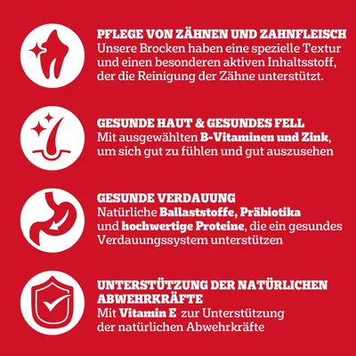 Pflege von Zähnen und Zahnfleisch, gesunde Haut und Fell, gesunde Verdauung, Unterstützung der Abwehrkräfte durch spezielle Inhaltsstoffe wie B-Vitamine, Zink, Ballaststoffe, Vitamin E.