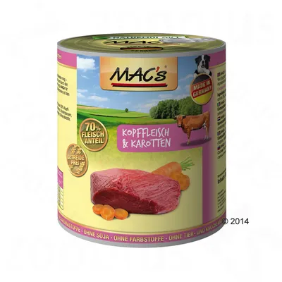 MAC's konserv med texten 'Kopffleisch & Karotten', '70% Fleischanteil', 'Getreidefrei', 'Made in Germany'. Bild på köttbit, morötter och ko. Text på tyska.