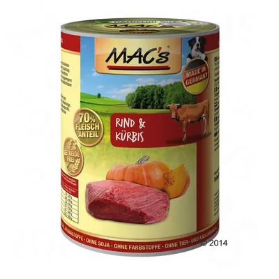 MAC's Rind & Kürbis, 70% Fleischanteil, getreidefrei, Made in Germany, ohne Soja, ohne Farbstoffe, ohne Tier- und Knochenmehl.