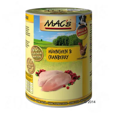 MAC's Hühnchen & Cranberry, 70% Fleischanteil, getreidefrei, Made in Germany, ohne Soja, ohne Farbstoffe, ohne tier- und knochenmehl.