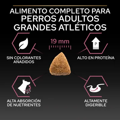 Alimento completo para perros adultos grandes atléticos. Sin colorantes añadidos, alto en proteína, alta absorción de nutrientes, altamente digerible. Croqueta de 19 mm visible.