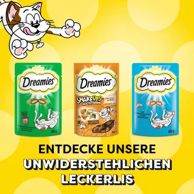 Dreamies Katzenleckerlis: Grün mit Huhn und Käse, Orange ShakeUps Geflügel Picknick, Blau mit Lachs. Text: Entdecke unsere unwiderstehlichen Leckerlis.