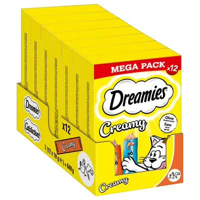 Dreamies Creamy Mega Pack x12, sans sucre ajouté, 7 boîtes de 12 x 10 g = 840 g, emballage jaune avec illustrations de chat et sachets visibles.