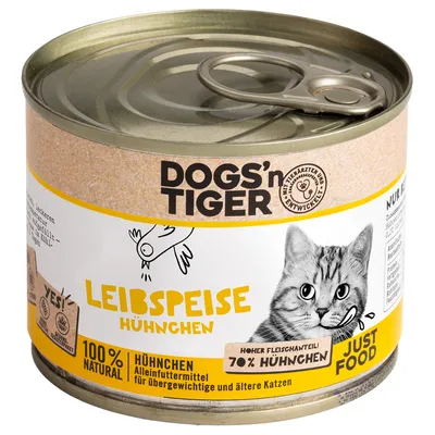 Dogs'n Tiger Leibspeise kuřecí, 100% přírodní, vysoký podíl masa 70 % kuřecí. Kompletní krmivo pro obézní a starší kočky.