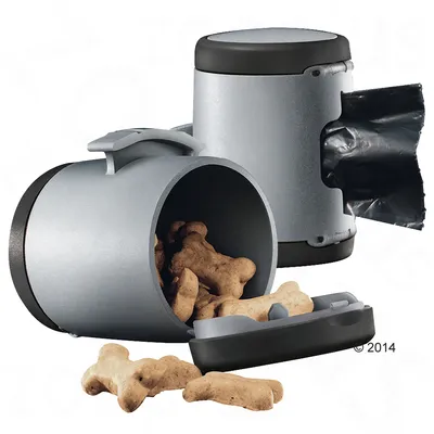 Container with bone-shaped treats and a built-in dispenser for waste bags, showing storage for treats and easy access to bags.