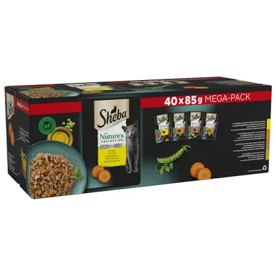 Sheba Nature’s Collection 40 x 85g mega-pack with images of food pouches, peas, carrots and a bowl of wet food shown on the packaging.