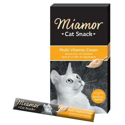 Miamor Cat Snack Multi-Vitamin-Cream, упаковка и порционный стик; видны надписи: Spezialcreme mit Vitaminen, Deckt bis zu 30% des Tagesbedarfs, Portionsbeutel.