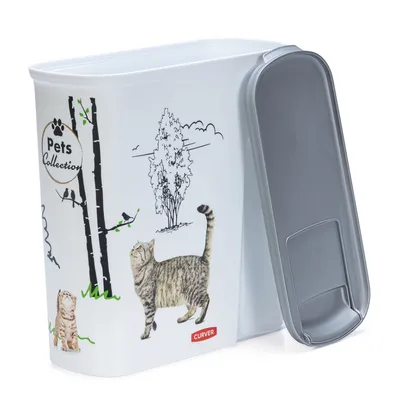 Curver foderbehållare med kattmotiv, vit med grått lock. Tryck: Pets Collection.