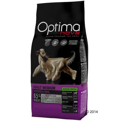 Optima nova Adult Medium Chicken & Rice, 65% carne: 35% pollo fresco, 25% pollo essiccato, 5% pollo idrolizzato. Per razze medie, difese naturali, pelle e pelo.