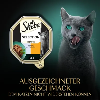 Sheba Selection in Sauce mit Kalb und Truthahn, 85g. Ausgezeichneter Geschmack, dem Katzen nicht widerstehen können.