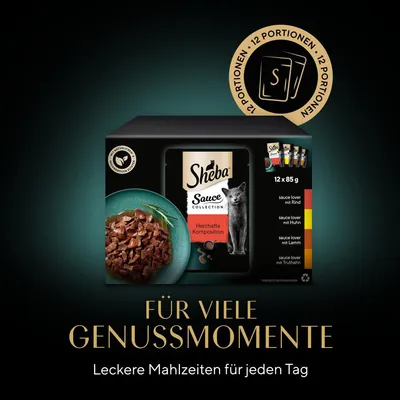 Sheba Sauce Collection, 12 portions de 85 g. Texte en allemand : 'Für viele Genussmomente', 'Leckere Mahlzeiten für jeden Tag'. Variétés visibles : bœuf, poulet, agneau, dinde.