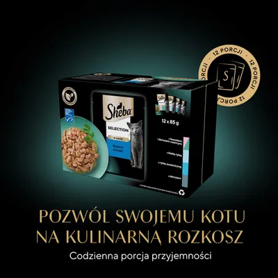 Sheba Selection Rybne smaki w sosie, 12 x 85g porcji. Warianty: łosoś i dorsz, białe ryby, ryby oceaniczne, dorsz. Opakowanie przedstawia obraz kota oraz miseczkę z karmą. Sheba Selection Rybne smaki w sosie, 12 x 85g porcji. Warianty: łosoś i dorsz, białe ryby, ryby oceaniczne, dorsz. Opakowanie przedstawia obraz kota oraz miseczkę z karmą.