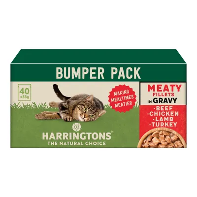 Bumper pack containing 40 x 85g meaty fillets in gravy with beef, chicken, lamb and turkey. Text: making mealtimes meatier. Brand: Harringtons The Natural Choice.