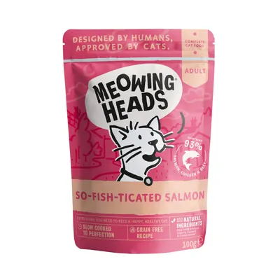Meowing Heads So-Fish-Ticated Salmon, complete cat food for adults, contains 93% salmon, chicken and beef, slow cooked, grain free recipe, made with natural ingredients, 100g pouch.
