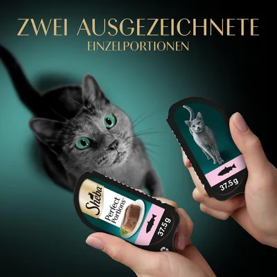 Sheba Perfect Portions, zwei Einzelportionen à 37,5g mit Fischgeschmack. Text: Zwei ausgezeichnete Einzelportionen. Bild einer grauen Katze und Verpackung der Portionen.