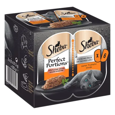 Sheba Perfect Portions Delicious Sauce, Fresh Pack with tender turkey. Contents: 6 x 37.5 g, total weight 225 g.