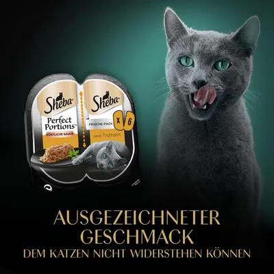Sheba Perfect Portions Frische-Pack x6, köstliche Sauce, zarter Truthahn. Ausgezeichneter Geschmack, dem Katzen nicht widerstehen können.