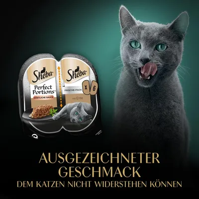 Sheba Perfect Portions Frische-Pack mit Ente, köstliche Sauce, x6. Ausgezeichneter Geschmack, dem Katzen nicht widerstehen können.