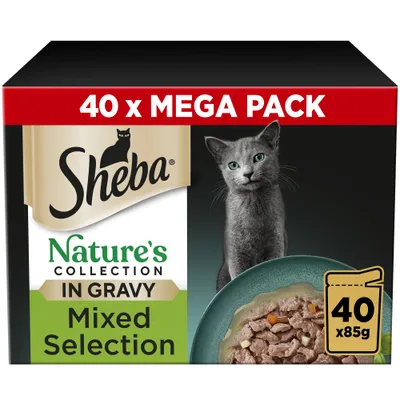 Sheba Nature's Collection in Gravy Mixed Selection, 40 x 85g mega pack, with image of food pieces in gravy.