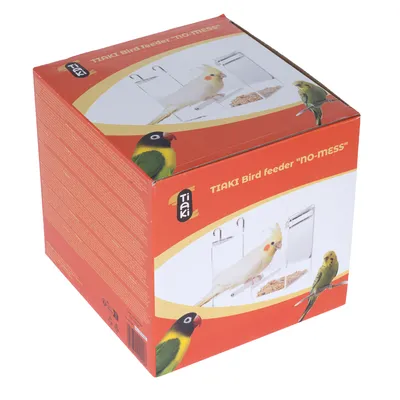 Tiaki Bird Feeder 'No-Mess' packaging with image of birds and transparent food dispenser. Product name and brand visible.