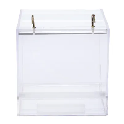 Transparent acrylic box with two gold-coloured hooks on top, suitable for storage or display.