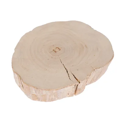 Tranche de bois naturel, forme ovale irrégulière, surface lisse avec cernes visibles et fissure, sans texte ni marque apparente.