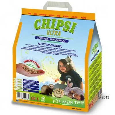 CHIPSI ULTRA kleindierstrooisel, structuur fijn granulaat, verpakking 10L. Afbeeldingen van konijn, cavia, hamster, fret en muis. Tekst: Hygiene-Power, Geruchsbindung, Ergiebig, Saugkraft, Sanft.