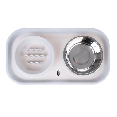 Double bowl made of stainless steel and plastic with anti-slip feature, suitable for food and water. Brand: Trixie.