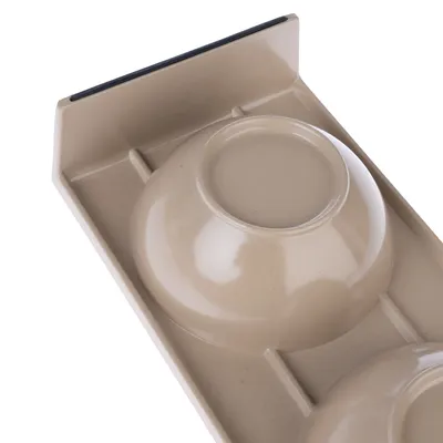 Juego de comederos beige de plástico con bandeja elevada y dos cuencos integrados.