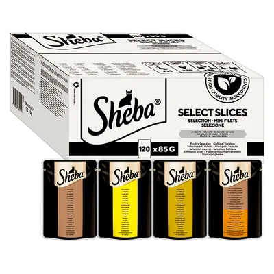 Embalagem Sheba Select Slices, 120 saquetas de 85 g cada. Quatro variedades visíveis na frente: seleção de aves em molho. Texto: 'High quality ingredients', 'Selection - Mini Filets'.