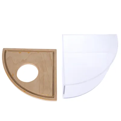 Semi-circular wooden panel with hole and transparent plastic cover, suitable for mounting or accessories.