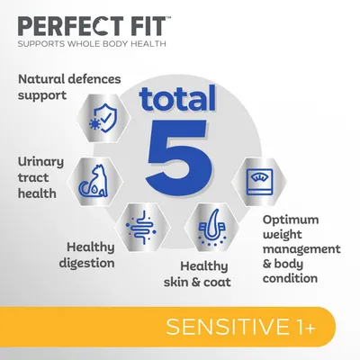 Total 5: natural defences support, urinary tract health, healthy digestion, healthy skin and coat, optimum weight management and body condition. Sensitive 1+.