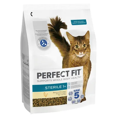 Perfect Fit Sterile 1+ dry food, rich in chicken, supports whole body health with natural prebiotics and high quality ingredients. Features total 5 benefits for vitality and weight control.