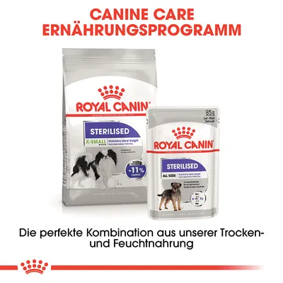 Royal Canin Sterilised X-Small suché krmivo a Sterilised All Sizes mokré krmivo. Kombinace suchého a mokrého krmiva pro psy.