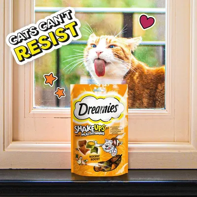 Dreamies Shake Ups with multivitamins Rockin' Roost treats pack shown in front of a window, with text 'Cats can't resist' and a cat visible behind the glass.