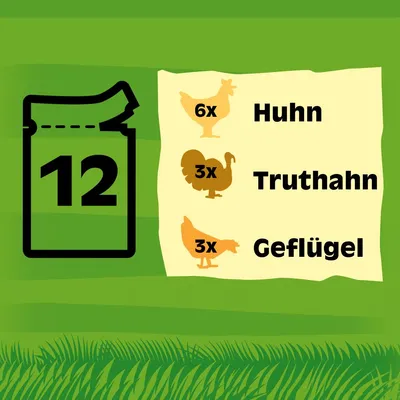 Packungsinhalt: 12 Portionen, davon 6x Huhn, 3x Truthahn, 3x Geflügel.