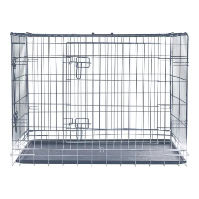 Metallkäfig mit Gitterwänden und herausnehmbarer Kunststoffbodenwanne, zwei Türen mit Verriegelung.