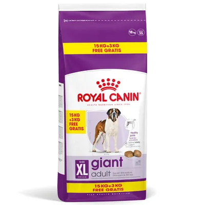 Royal Canin Giant Adult dog food, size XL, 15kg + 3kg free. For dogs over 45kg from 18 months. Supports healthy joints and vitality.