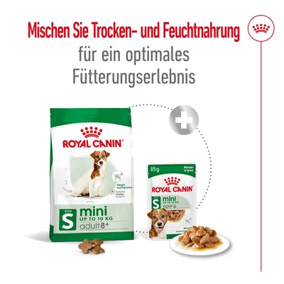 Royal Canin Mini Adult 8+ Trockenfutter und Mini Ageing 85g Feuchtfutter. Hinweis: Mischen Sie Trocken- und Feuchtnahrung für ein optimales Fütterungserlebnis.