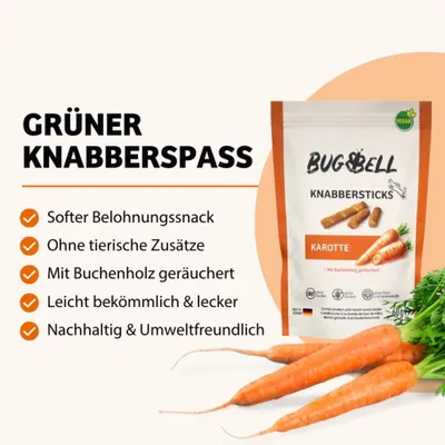 BUGBELL Knabbersticks Karotte. Softer Belohnungssnack, ohne tierische Zusätze, mit Buchenholz geräuchert, leicht bekömmlich, nachhaltig und umweltfreundlich.
