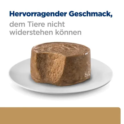Hervorragender Geschmack, dem Tiere nicht widerstehen können. Gezeigte Portion Nassfutter auf einem weissen Teller.