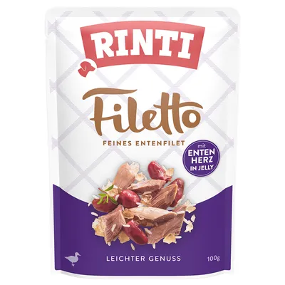 Rinti Filetto Feines Entenfilet mit Entenherz in Jelly, Leichter Genuss, 100 g. Texte en allemand et anglais visibles sur l’emballage.