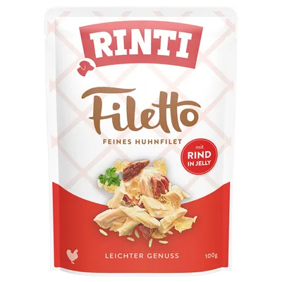 Rinti Filetto Feines Huhnfilet mit Rind in Jelly, sachet de 100 g, morceaux de viande visibles sur l’emballage, texte en allemand et anglais.