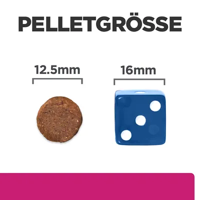 Pelletgrösse dargestellt: links Pellet mit Durchmesser 12,5mm, rechts blauer Würfel mit Kantenlänge 16mm.