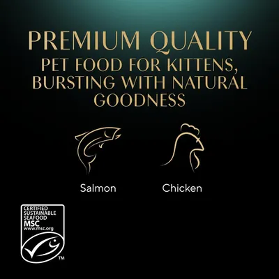 Premium quality pet food for kittens with natural goodness, featuring salmon and chicken. Includes MSC certified sustainable seafood logo.