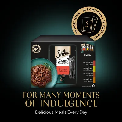 Sheba Sauce Collection Succulent Selection, 12 portions of 85g each. Includes beef, chicken, lamb and turkey varieties. Text: For many moments of indulgence. Delicious meals every day.
