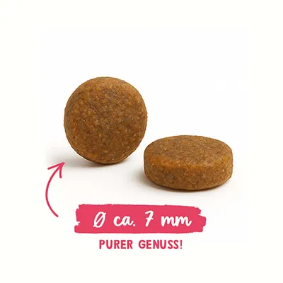 Zwei runde Kroketten, Durchmesser ca. 7 mm, Text: PURER GENUSS! Zwei runde Kroketten, Durchmesser ca. 7 mm, Text: PURER GENUSS!