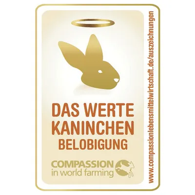 Das Werte Kaninchen Belobigung von Compassion in World Farming. Weitere Informationen unter www.compassionlebensmittelwirtschaft.de/auszeichnungen.