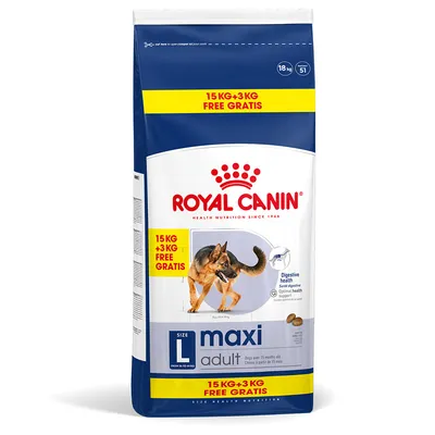 Royal Canin Maxi Adult, size L, 15kg + 3kg free. For dogs from 15 months and 26-44kg. Supports digestive health and optimal nutrient absorption.